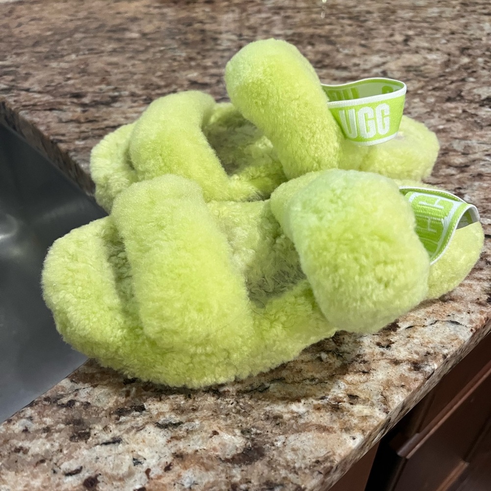 Girls size 13 Ugg fur slides neon green/yellow